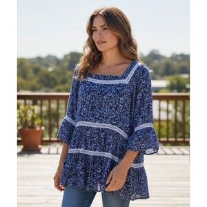 Free People Boho Blue Floral 3/4 Sleeve Flowy Peasant Blouse Women's Size M